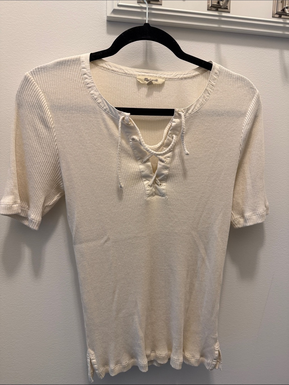 Madewell Ivory Ribbed Lace-Up Short Sleeve Tee